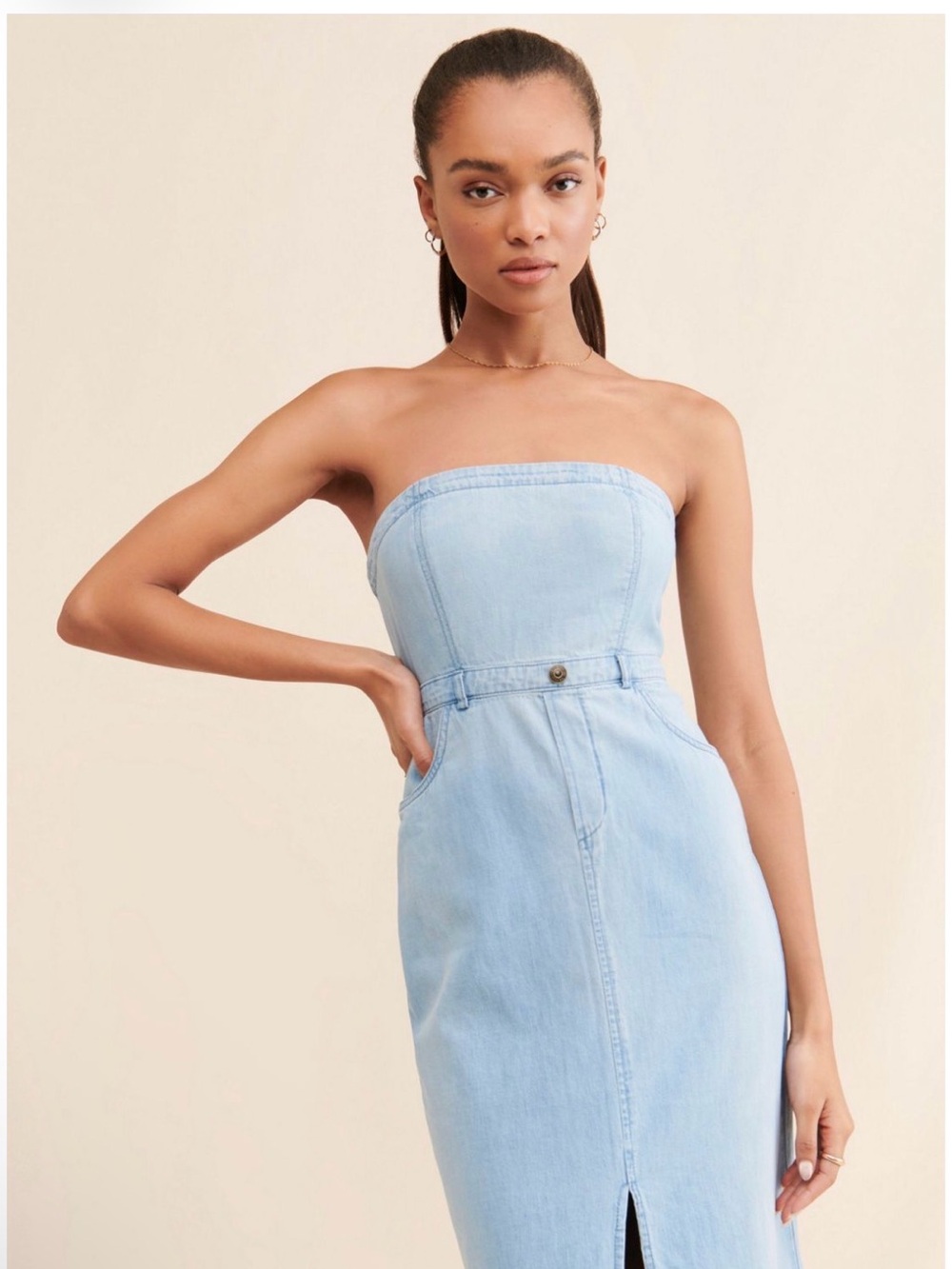 Free People Strapless Light Blue Denim Midi Dress